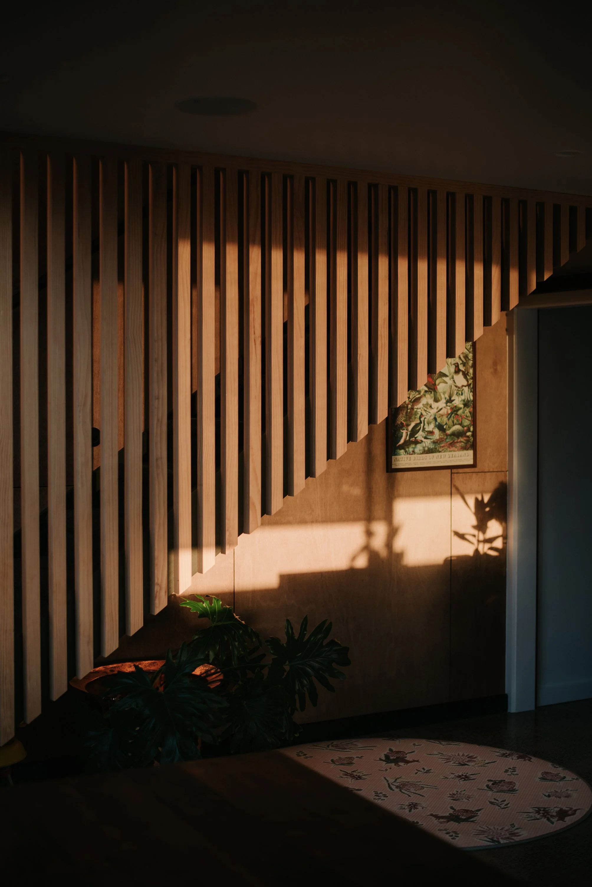A room with wooden slat wall decor and a framed picture hanging on the wall. There are plants on the floor, and sunlight casting shadows on the wall.