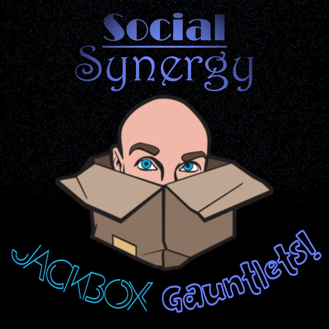 A cartoon man with blue eyes and bald head peeking out of a cardboard box. The background is black with white specks resembling stars. Above him, the words "Social Synergy" are written in blue, and below in a curved line, the words "JACKBOX GAMES!" are also in blue.