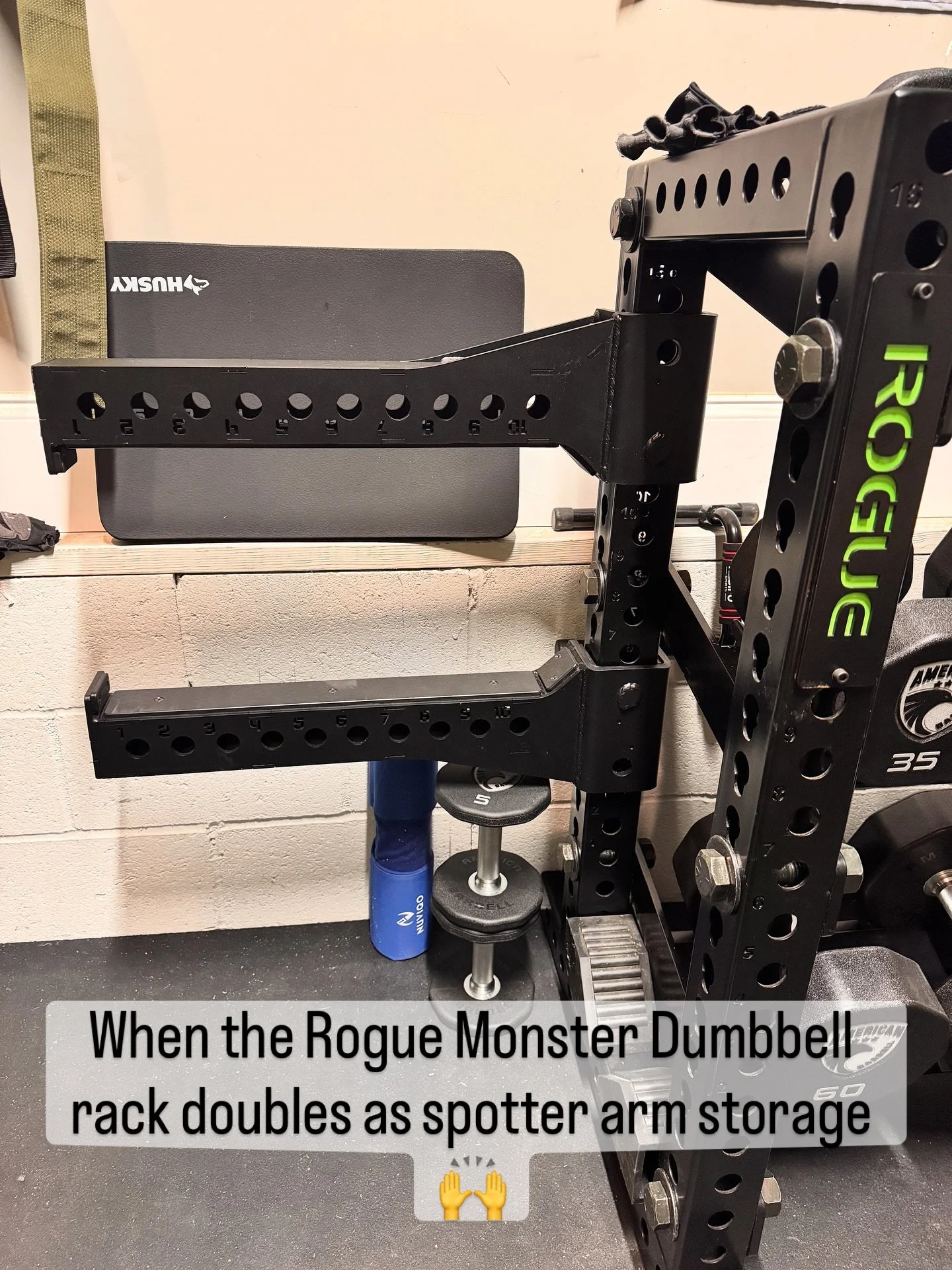 The @roguefitness Monster 3-Tier Dumbbell Rack isn&rsquo;t just for dumbbells, it&rsquo;s one of the most efficient &ldquo;extra&rdquo; storage solutions in the gym.

It holds the @americanbarbell dumbbells perfectly and fits the @surplusstrength Ste