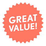 Orange badge with scalloped edges and white text reading 'GREAT VALUE!'