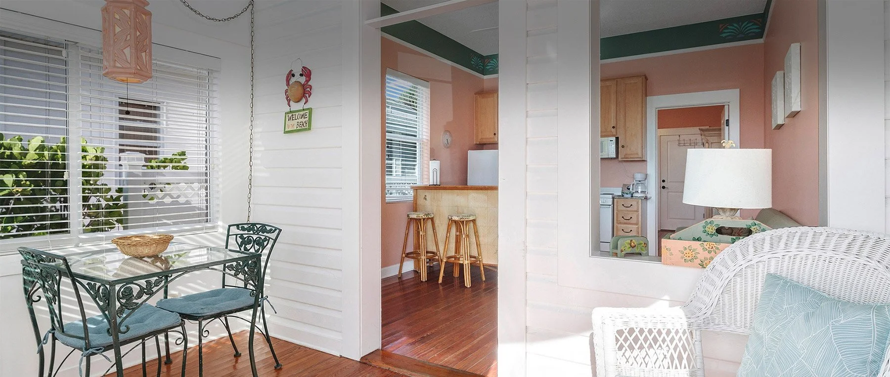 Bright and airy interior of Havana Inn, a Pass-a-Grille boutique hotel with coastal decor, vintage furnishings, and full kitchenette