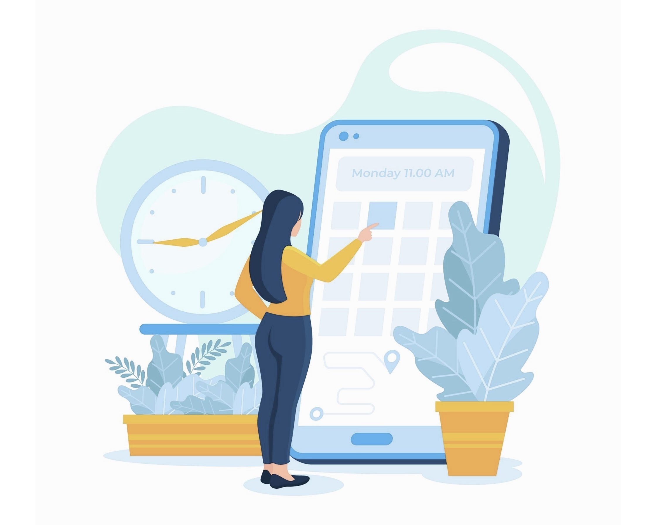 Illustration of a woman selecting a time on a large smartphone screen with a calendar, clock, and potted plants around her.