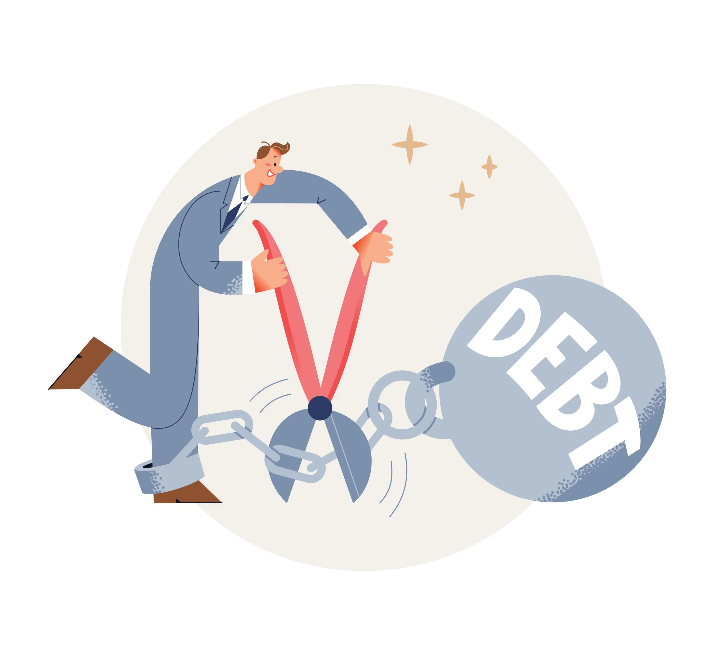 Illustration of a man in a suit running and holding a clock to symbolize urgency, with a chained weight labeled 'DEBT' dragging behind him, indicating financial pressure or debt crisis.
