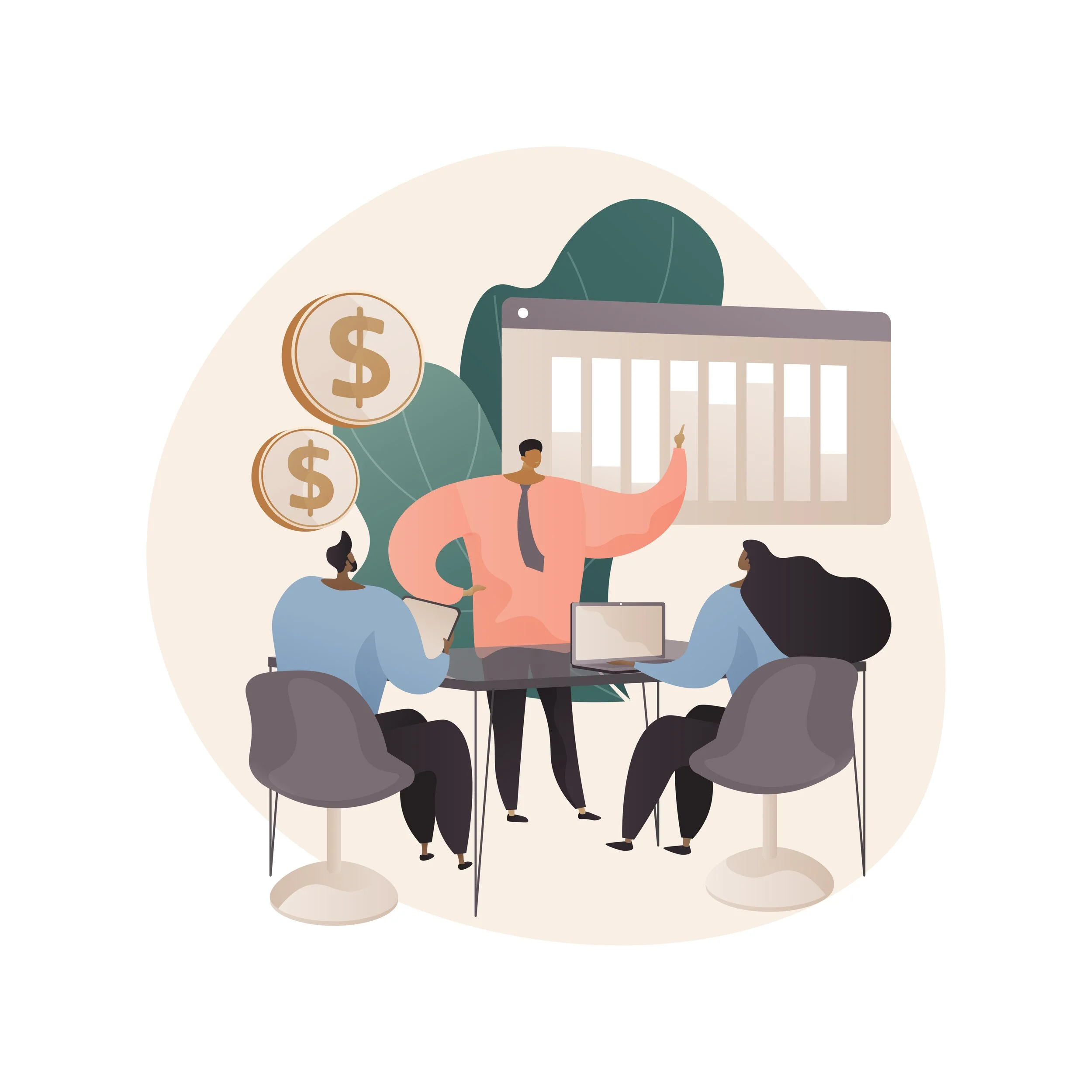 Business meeting with three people discussing financial data on a screen, with money symbols and charts, in a modern office setting.