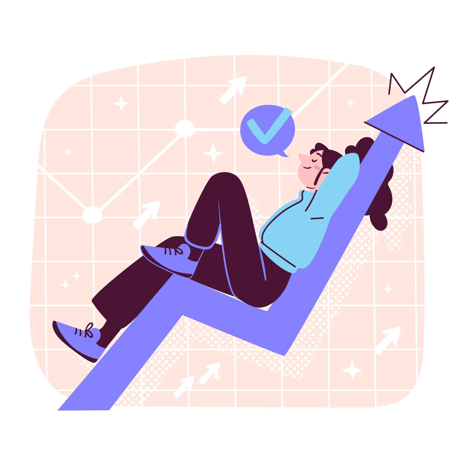 A person relaxing on a rising arrow graph with a checkmark sign and upward trend in the background.