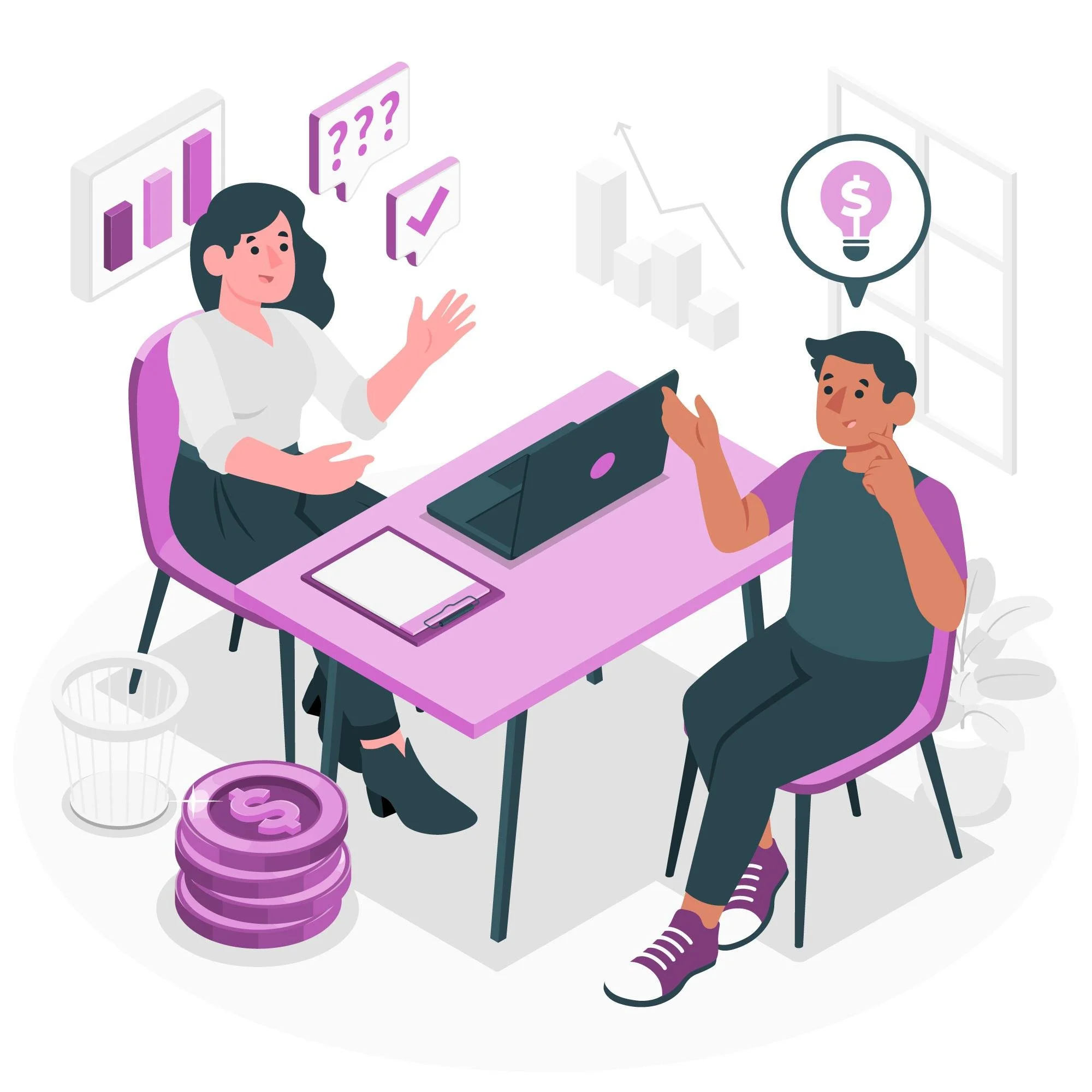 A woman and a man having a discussion at a table, with financial and business icons around them, including stacks of coins, a light bulb with a dollar sign, and charts, indicating a business or financial planning meeting.