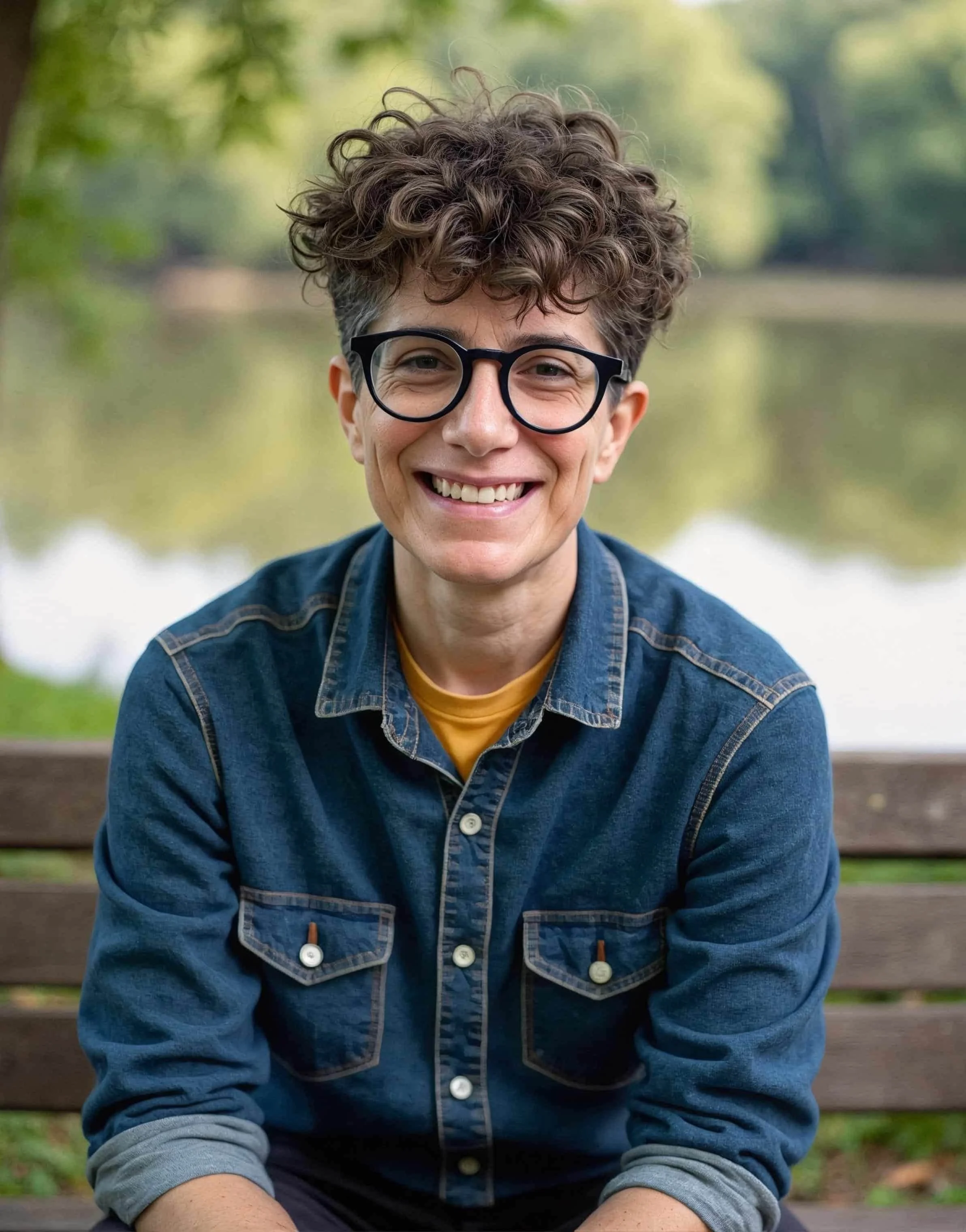 Non-binary therapist with curly hair and glasses smiles while sitting in front of nature