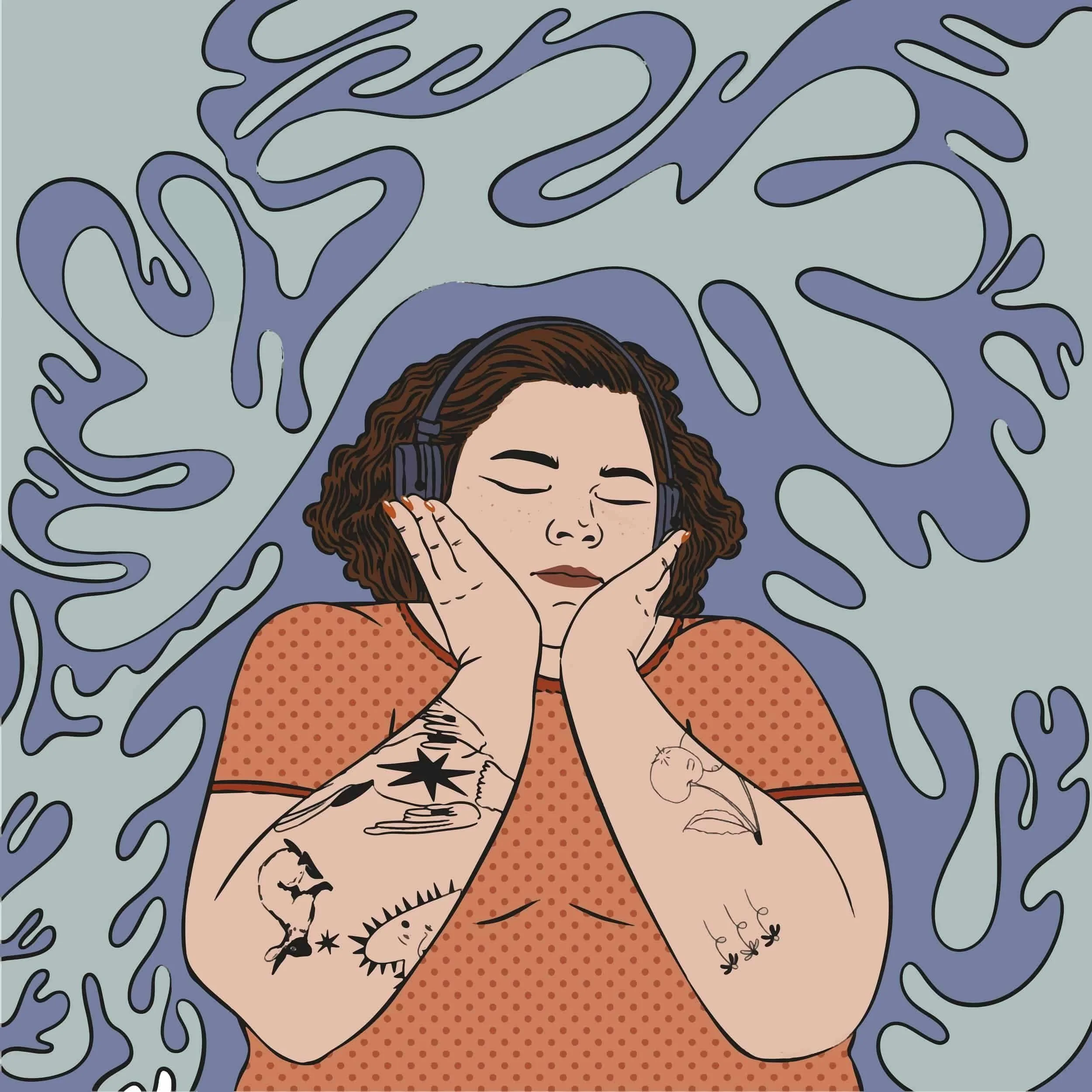 person with tattoos holds their face