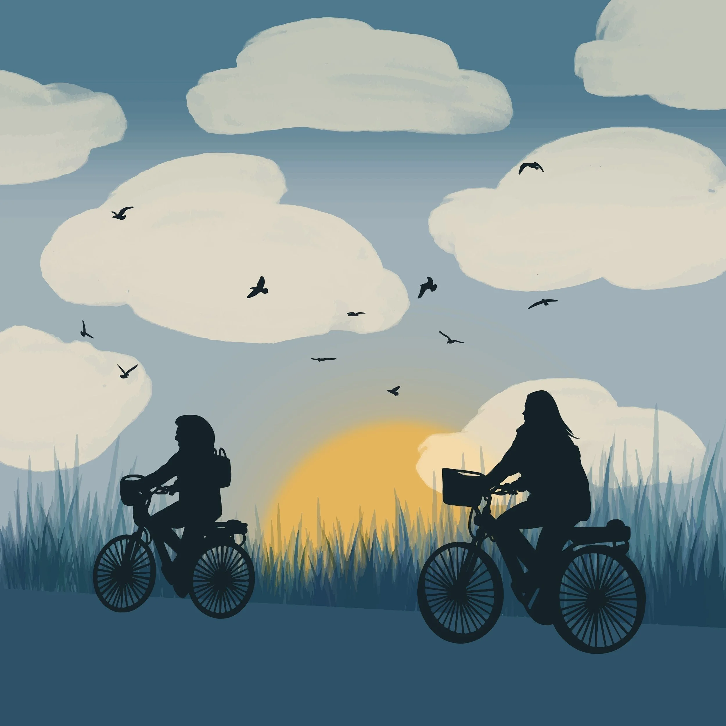 Two Silhouettes ride a bike against a cloudy sky with birds