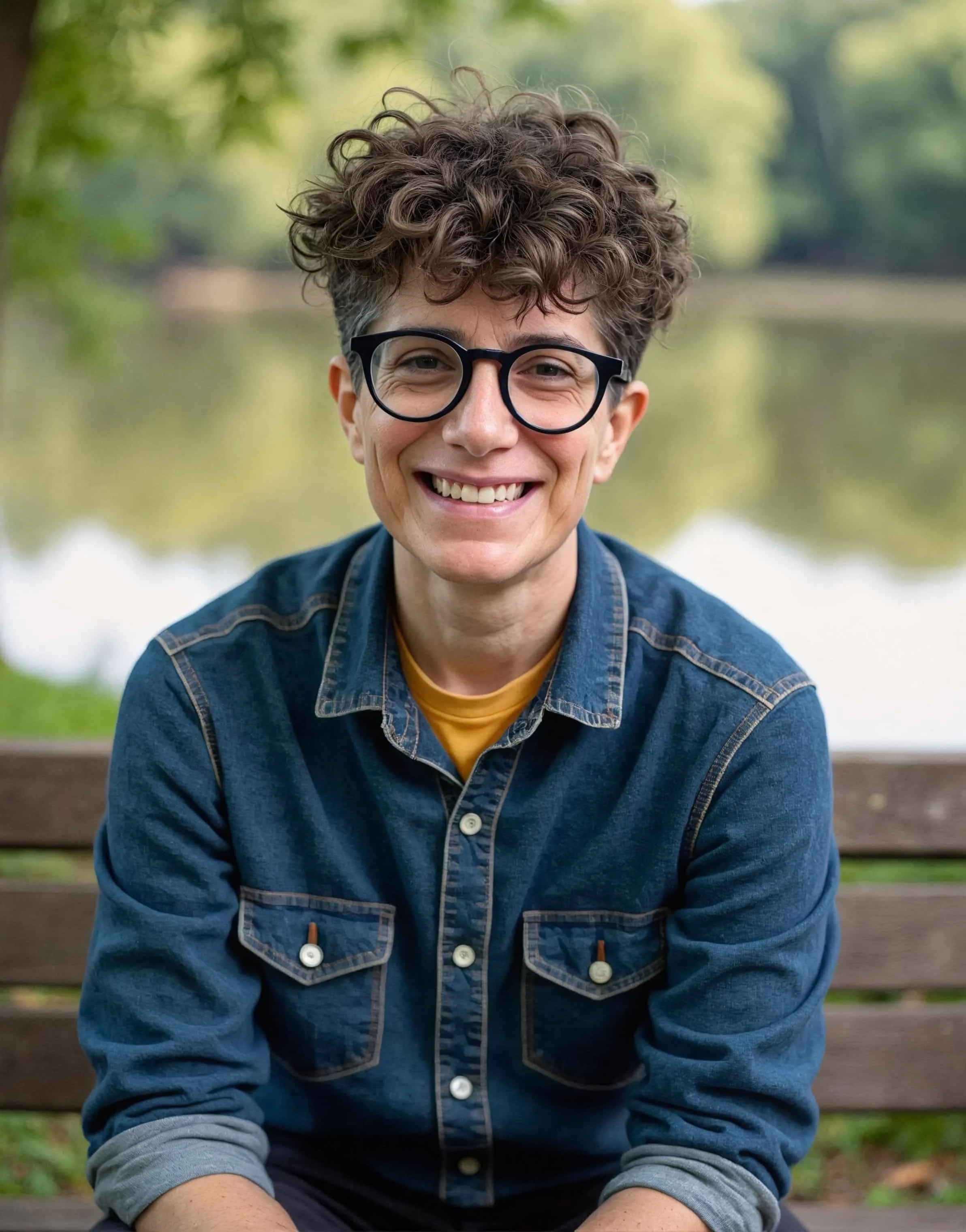 A nonbinary person with curly hair, glasses, and a denim shirt smiling while sitting on a park bench with a lake and trees in the background.