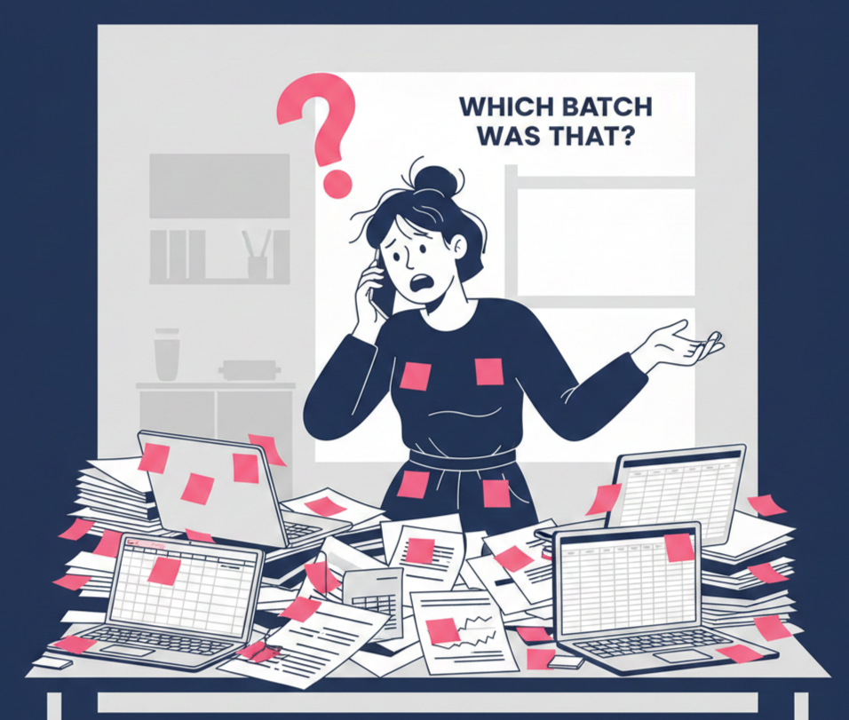 Frustrated business owner unable to locate product batch information among disorganized records