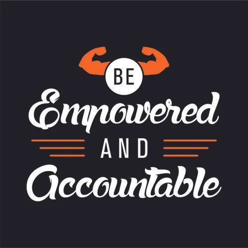 Motivational quote saying "Be Empowered and Accountable" with orange flexed biceps above the text on a dark background.