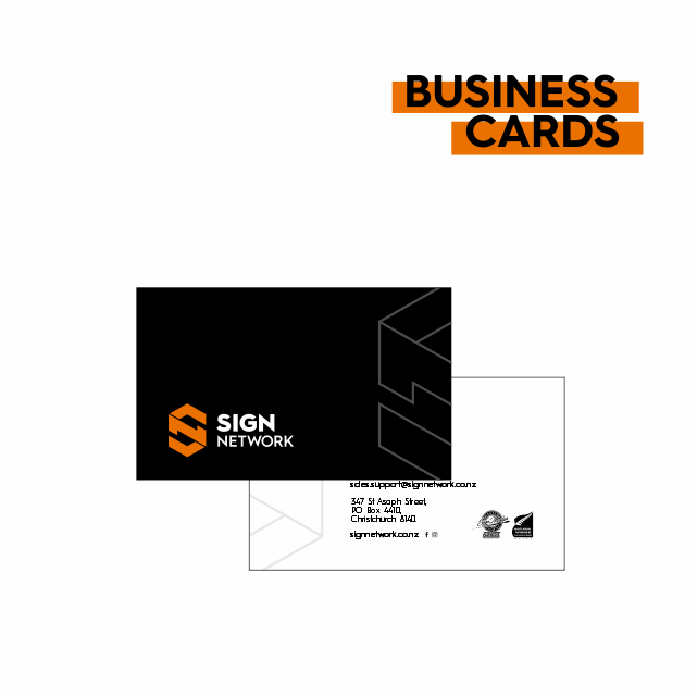 Collection of business cards from SIGN NETWORK, with the words 'BUSINESS CARDS' in bold orange text on a white background.