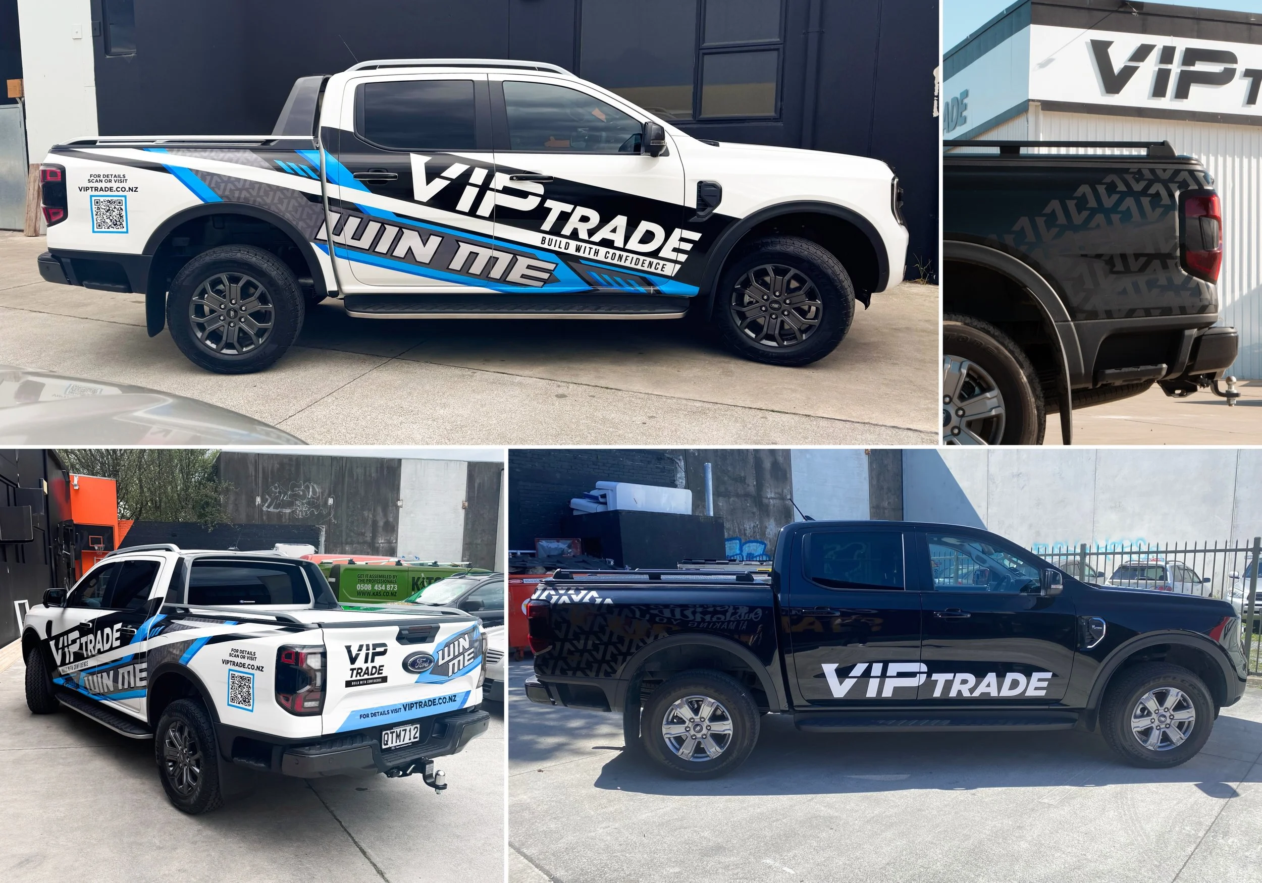 Collage of four pickup trucks with the 'VIP Trade' branding, featuring black and white color schemes, some with blue accents, parked outdoors at various locations.