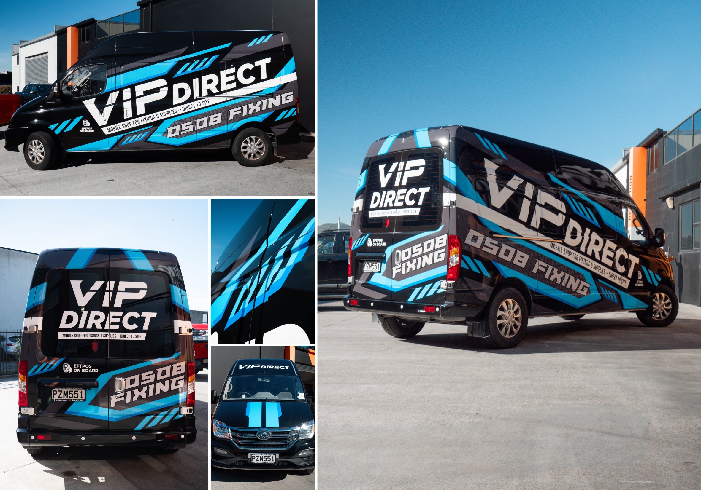 A black van wrapped with blue, white, and gray graphics displaying the business name VIP Direct, with the tagline 'Mobile shop for fixings & supplies - direct to site', and the company's logo.