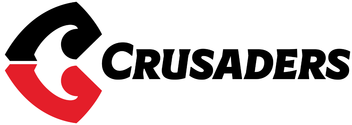Crusaders logo with a stylized 'C' in black, red, and white, and the word 'CRUSADERS' in bold black letters.