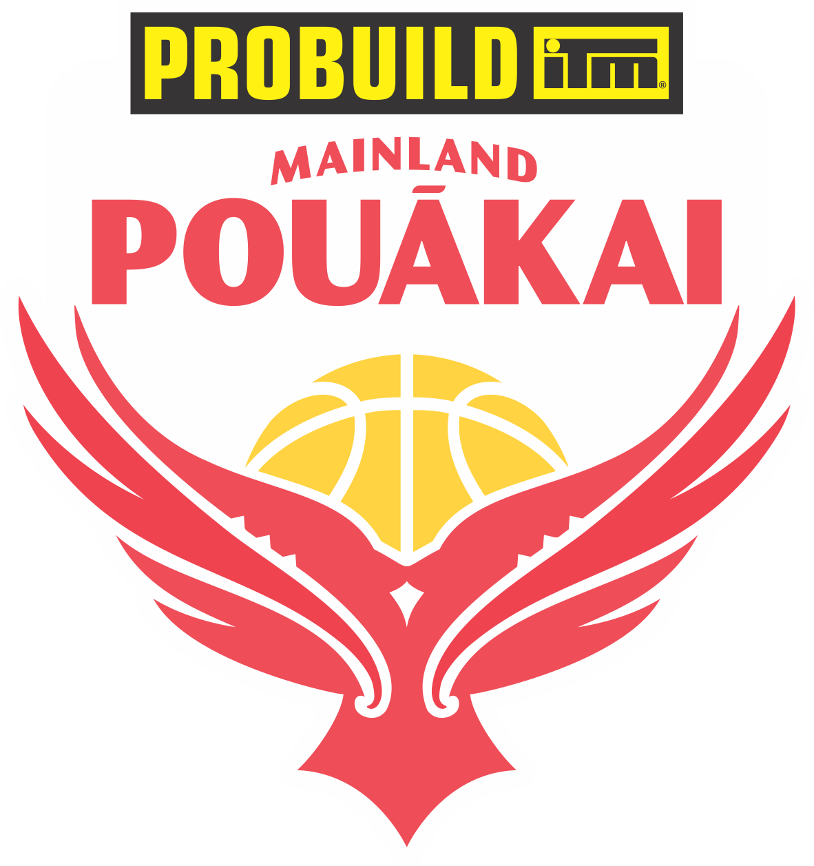 Probuild logo featuring a yellow basketball between red eagle wings with the text 'Mainland Pouakai' in red and 'PROBUILD' in yellow at the top in a black box.