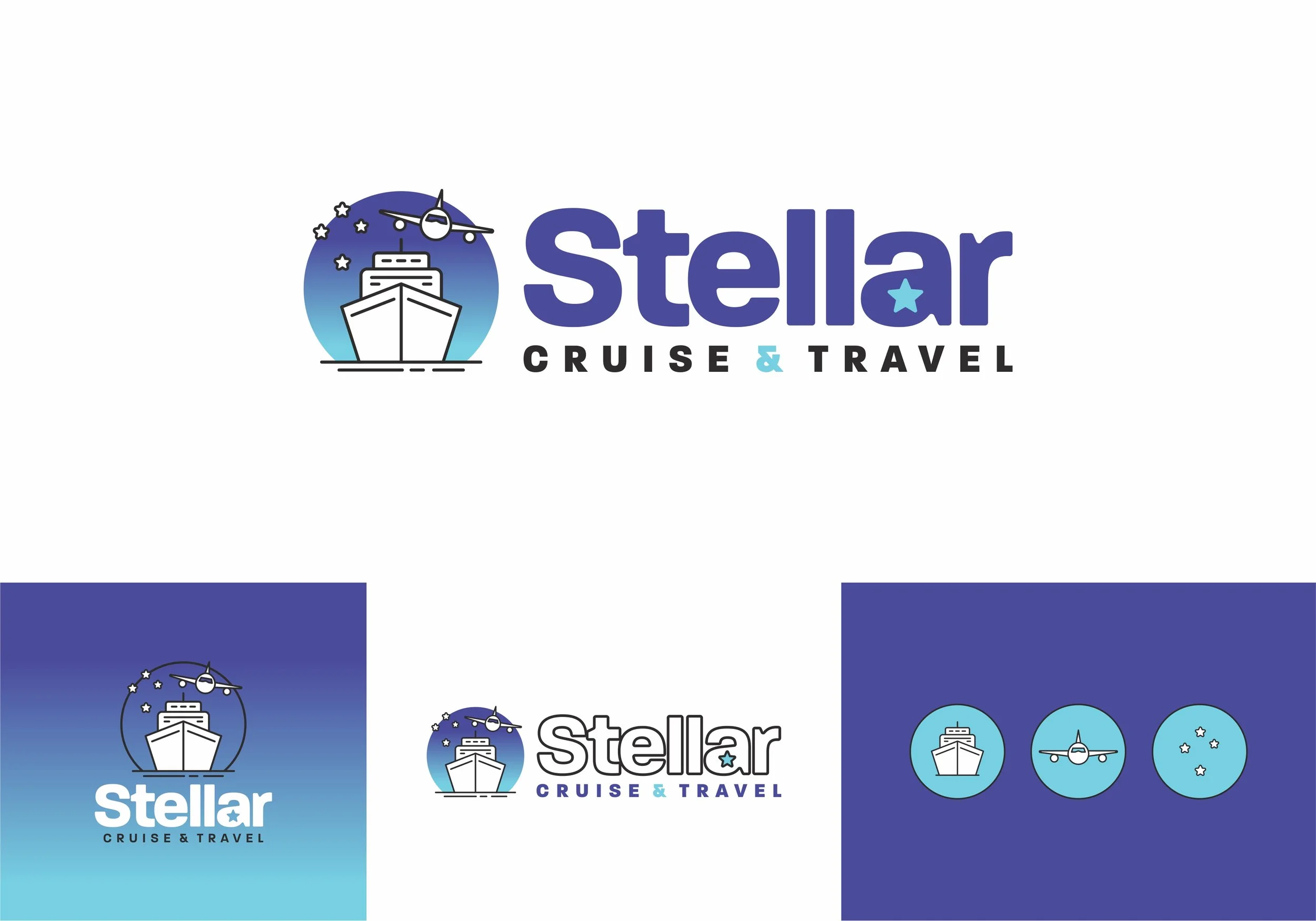 Logo for Stellar Cruise & Travel featuring a cruise ship, airplane, and stars in a circular design with the company name.