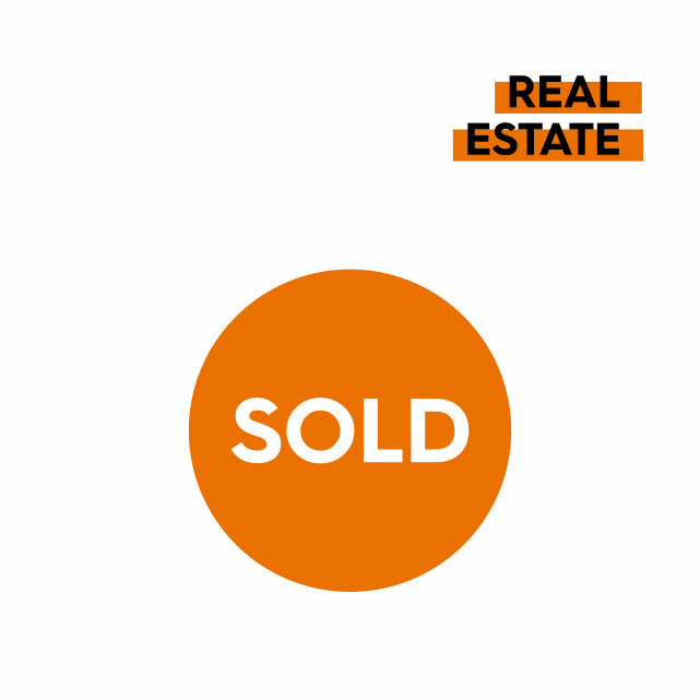 Real estate advertisement with a large orange circle in the center containing the word SOLD in white, and the words 'REAL ESTATE' in black and orange boxes at the top right corner.