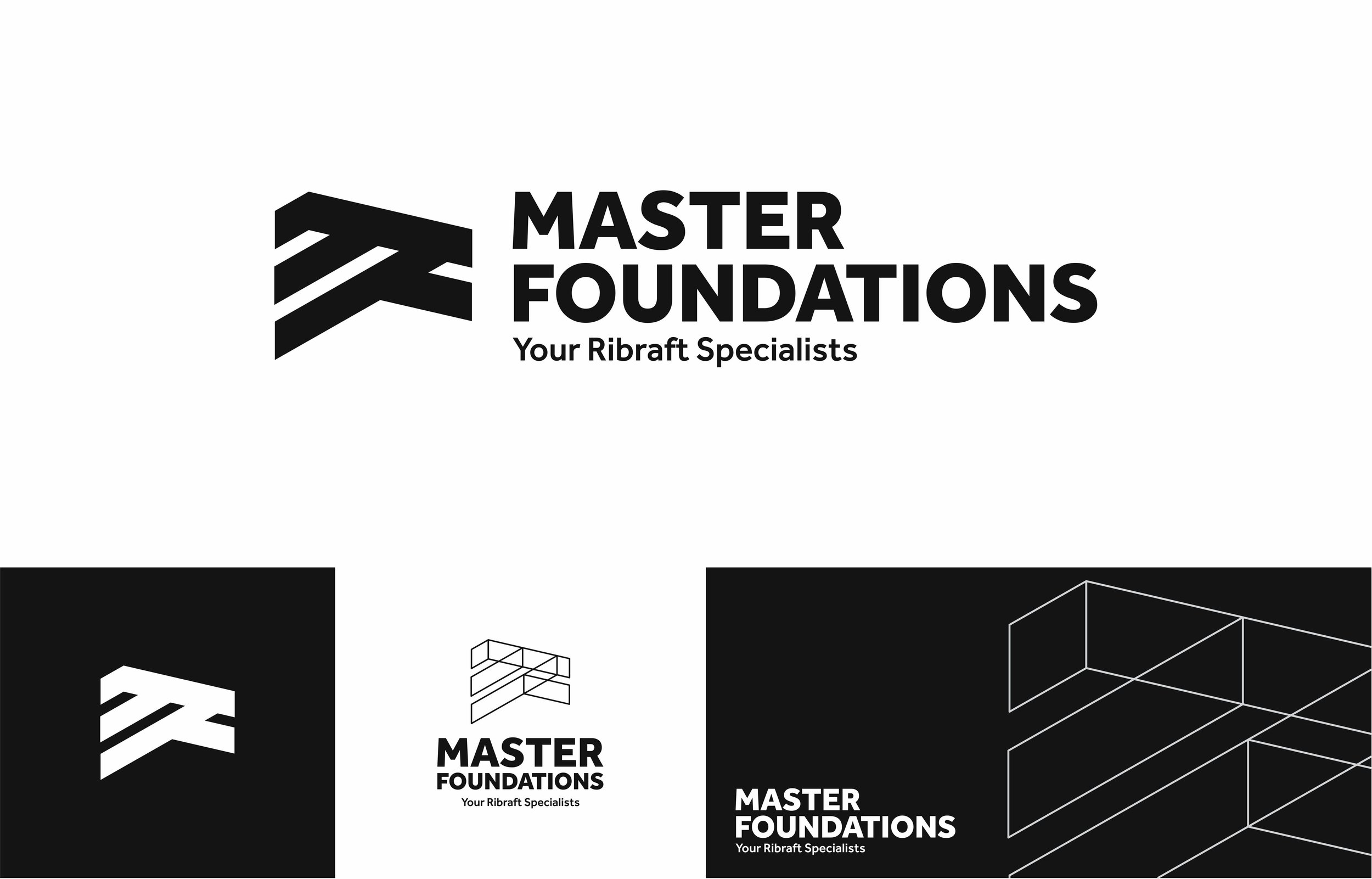Logo for Master Foundations, a ribraft specialist, featuring a stylized abstract black symbol and text in black and white.