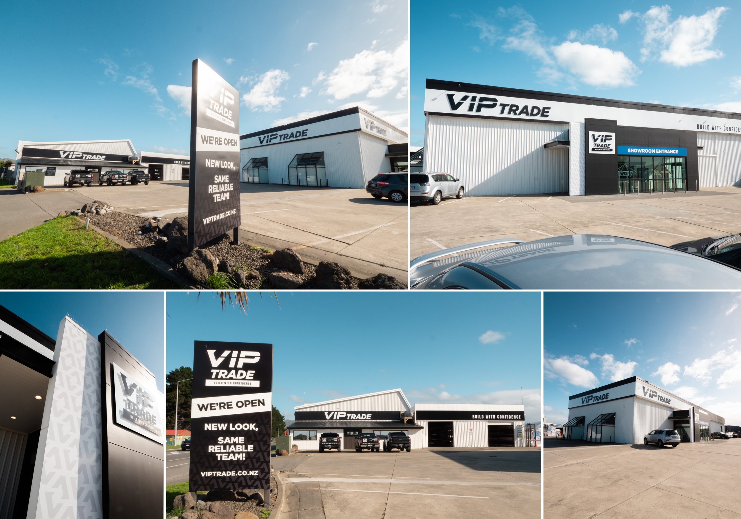 Commercial building with signage for VIP Trade, showing different angles of the storefront and parking lot, under a partly cloudy sky.