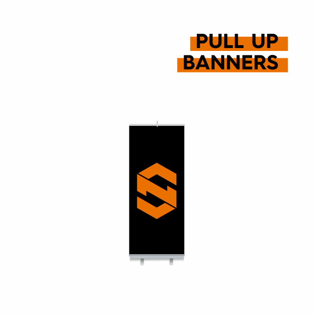 Pull-up banner with black background and orange logo, featuring the words 'Pull Up Banners' in black text on orange background, positioned in the upper right corner.