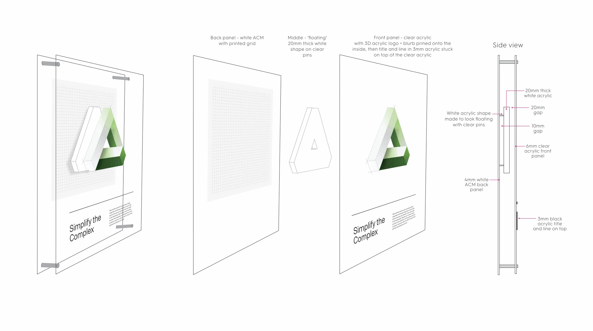 Diagram of a wall-mounted acrylic sign with various labeled components, including a front clear acrylic panel, a back panel, floating middle section, and hardware details.