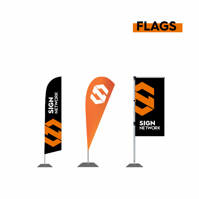 Three different types of flags featuring the logo and name 'SIGN NETWORK'. The first flag is a feather-shaped banner with a black background and orange logo. The second flag is a teardrop-shaped banner with an orange background and white logo. The third flag is a rectangular banner with a black background, with the logo and text in orange and white.