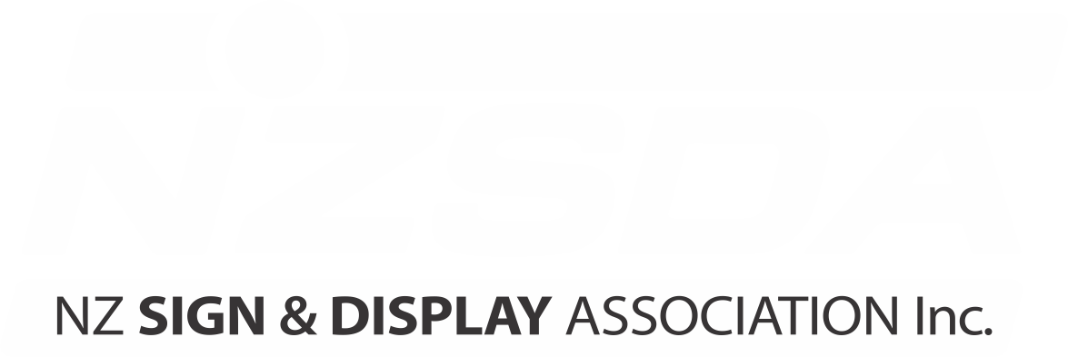 Logo of NZ Sign & Display Association Inc. with large stylized letters 'NZSDA' in white on black background.