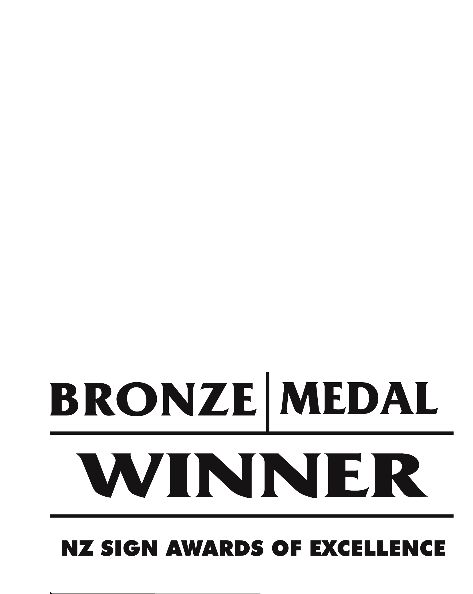 Black and white graphic design with a piano key motif, and text that reads 'BRONZE | MEDAL WINNER' and 'NZ SIGN AWARDS OF EXCELLENCE'.