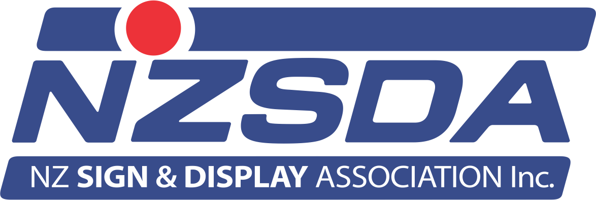 Logo of NZ Sign & Display Association Inc. with the text NZSDA, featuring a red circle and stylized blue letters.