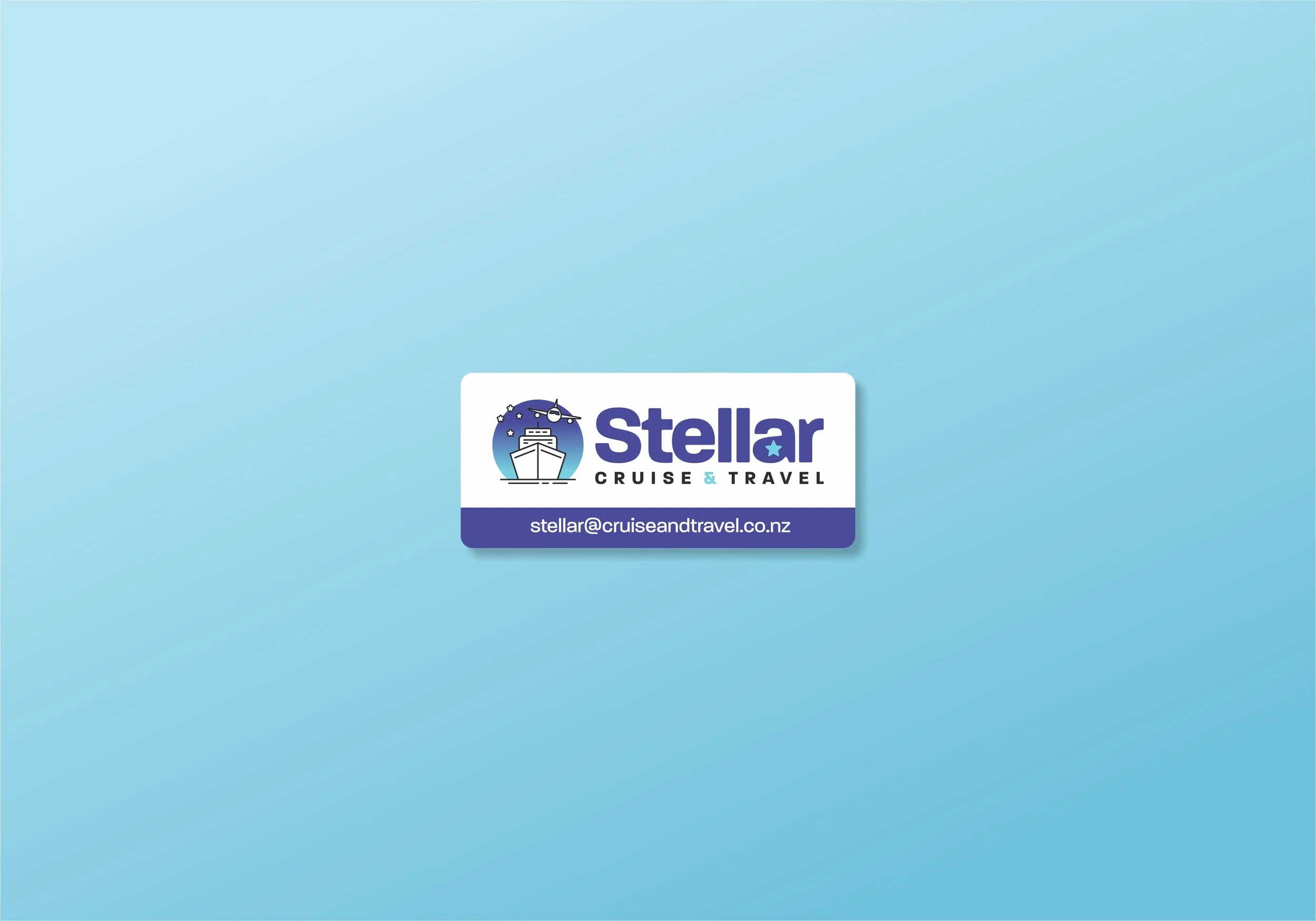 Business card for Stellar Cruise & Travel featuring a cruise ship and helicopter illustration with contact email stellar@cruiseandtravel.co.nz on a light blue background.