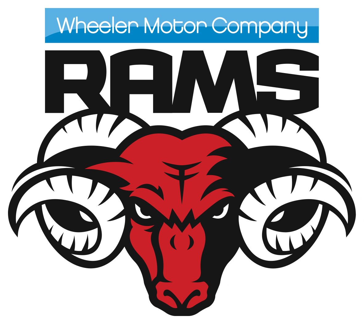 Logo for Wheeler Motor Company featuring a ram's head with black and red coloring, large curved horns, and the text 'Wheeler Motor Company' above and 'RAMS' below.