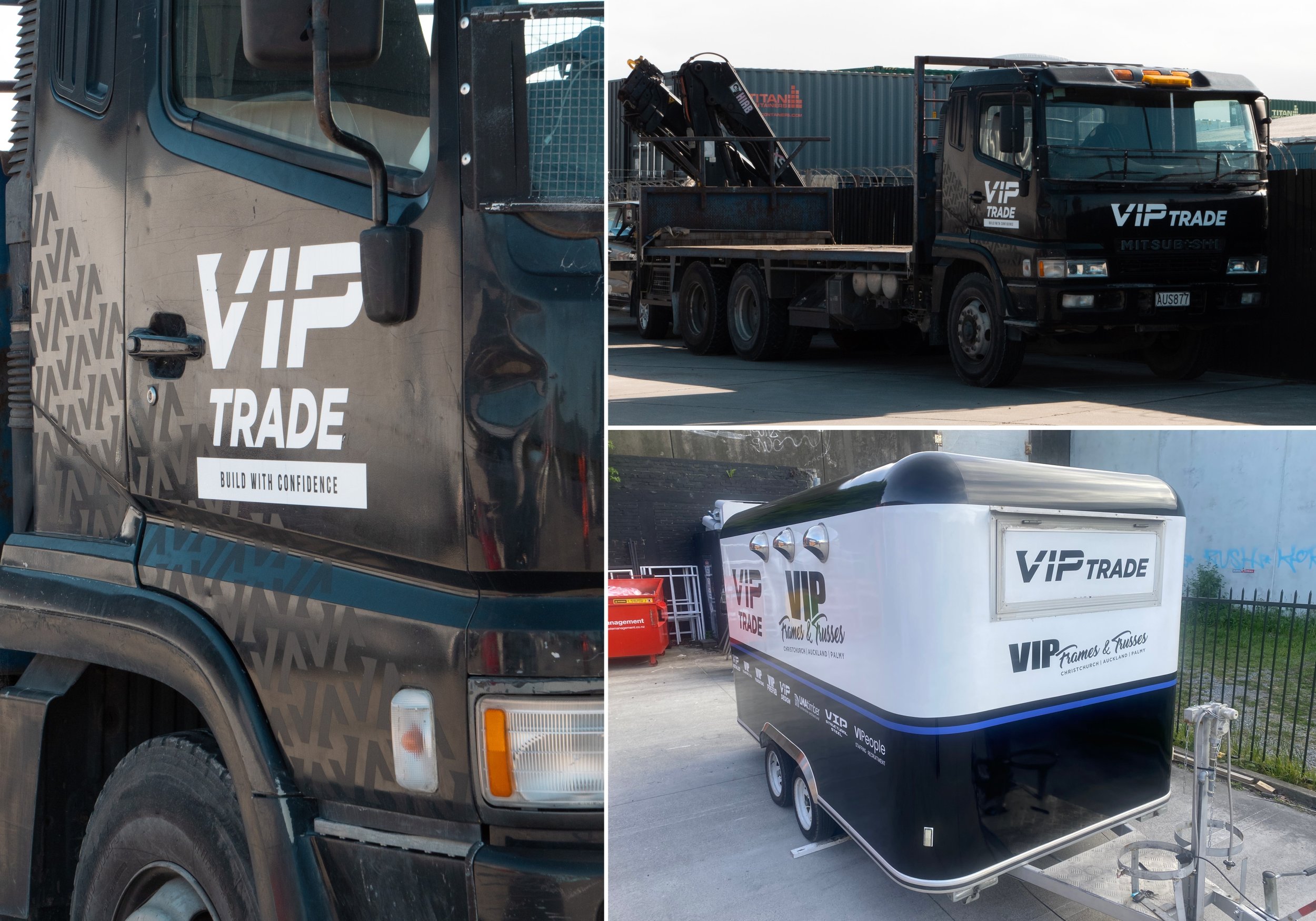 A collage of three vehicles and a trailer, all with the VIP Trade branding. The top left features a black truck cab, the top right shows a black flatbed truck, and the bottom right displays a black and white trailer.