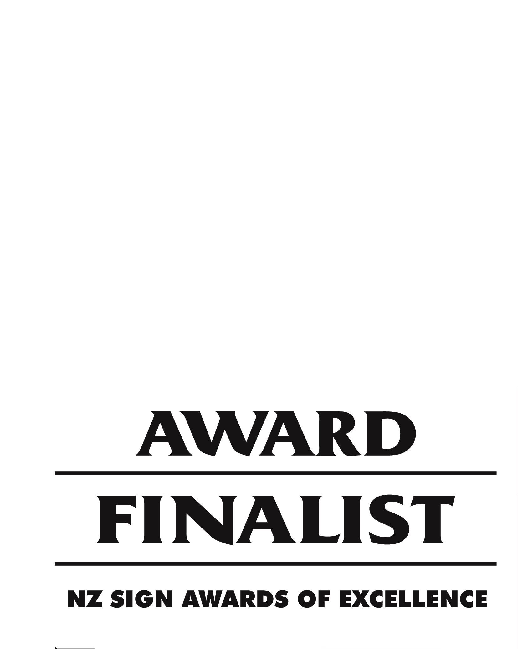 Black and white award badge with a stylized curved piano keyboard and the words 'Award Finalist' and 'NZ Sign Awards of Excellence'.