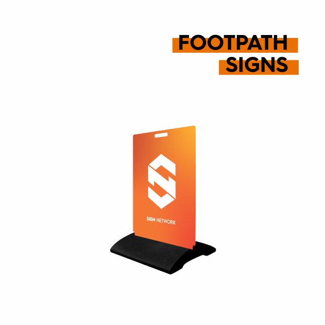 Footpath signs display on a freestanding, orange and white sign with a black base, used for directing foot traffic.