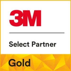 3M Select Partner Gold badge with red 3M logo, black text, and gold geometric design.