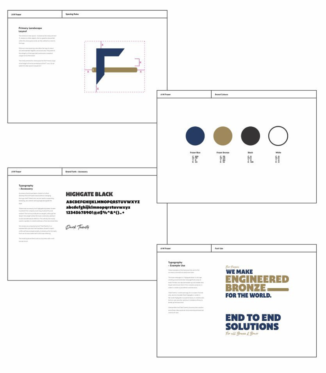 Design document with branding guidelines including logo design, color palette of blue, bronze, black, and white, typography specifications, and sample text showcasing different font styles and usage.