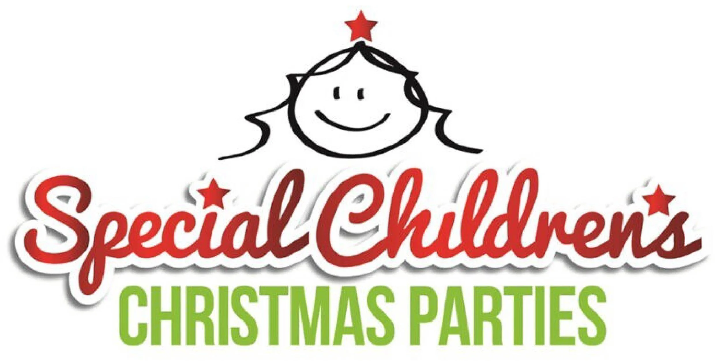 Logo for Special Children's Christmas Parties featuring a smiling child's face with two stars on top of the head, with the text 'Special Children's' in red and 'Christmas Parties' in green.