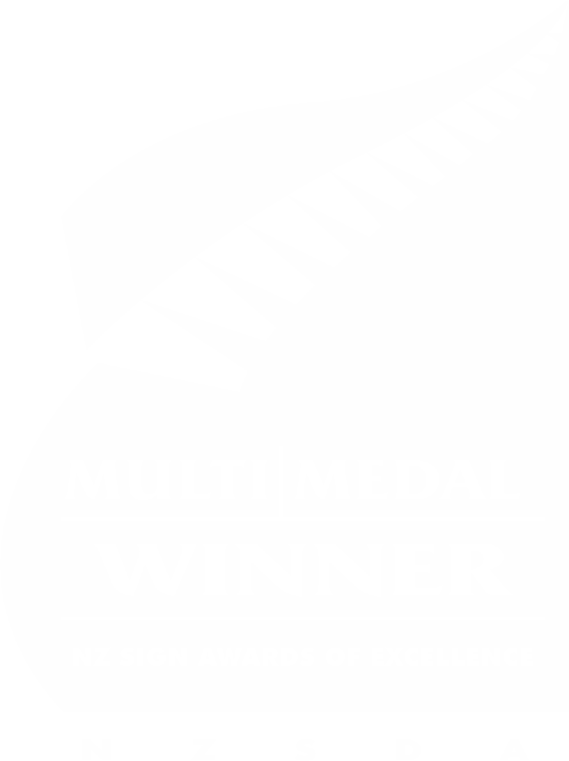 Black and white logo for NZ Sign Awards of Excellence, featuring a stylized checkmark and bold text stating 'Multi Medal Winner' and 'NZ Sign Awards of Excellence'.