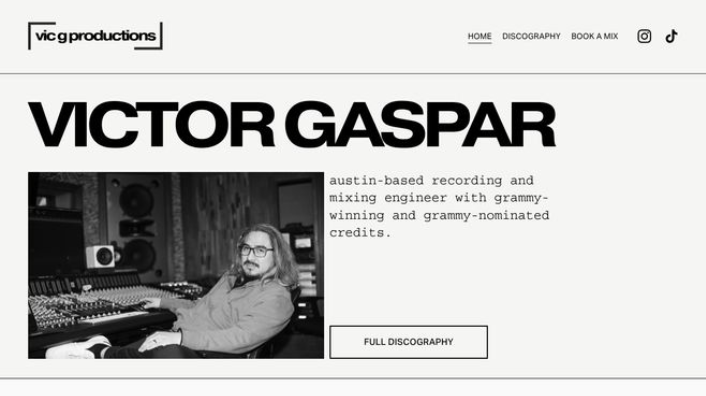 Website homepage for Vic G Productions featuring Victor Gaspar, an Austin-based recording and mixing engineer, with a black-and-white photo of him in a studio, and navigation links including Home, Discography, Book a Mix, and social media icons.