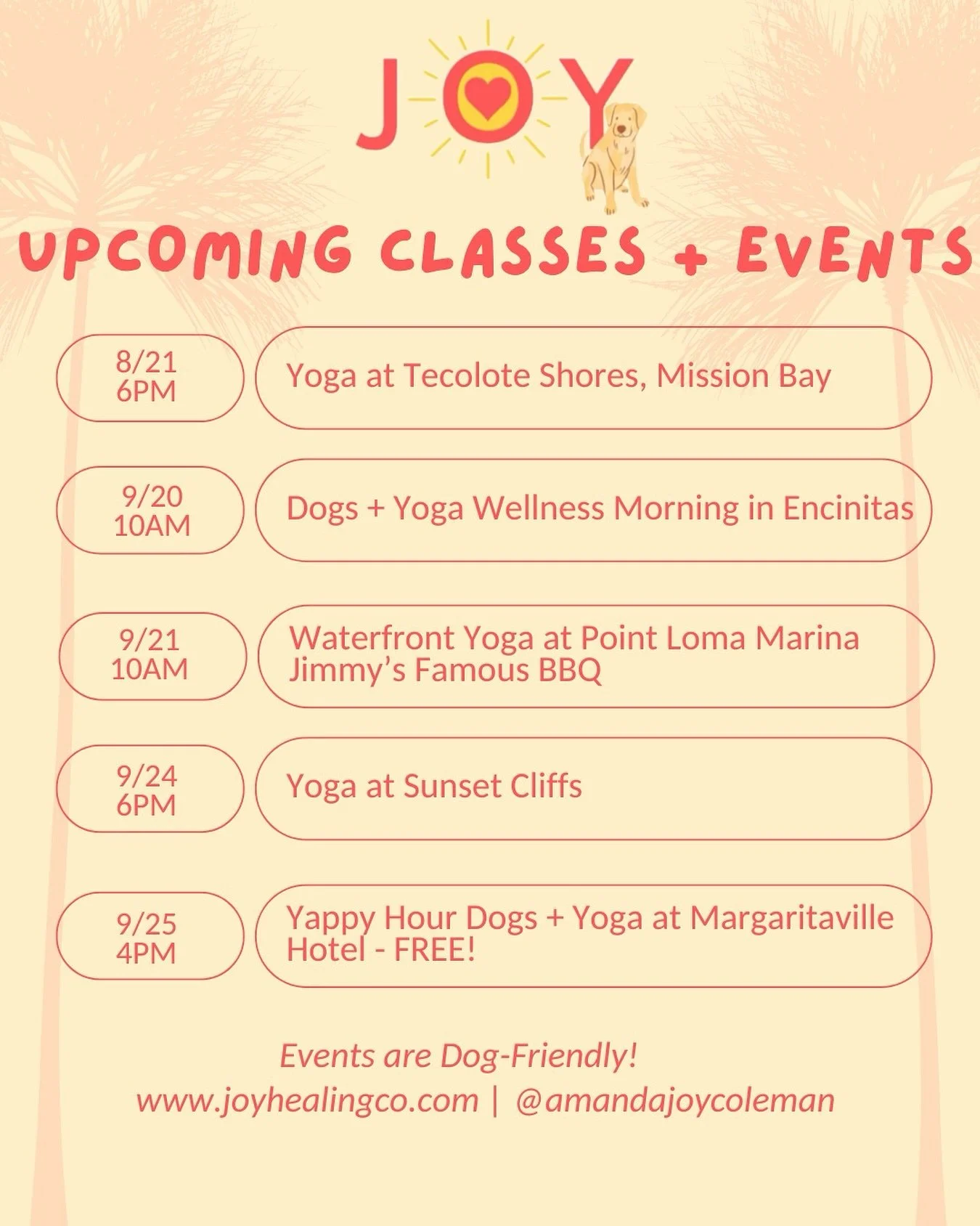 Hey San Diego! 🧘🏼‍♀️🐕 See you soon at some of my dog friendly events and classes 💖
All are linked on my website www.joyhealingco.com and my linktree ❤️‍🔥
#dogfriendlysandiego #sandiegodogs #sandiego