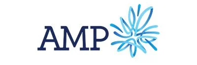 AMP logo with stylized blue flower design