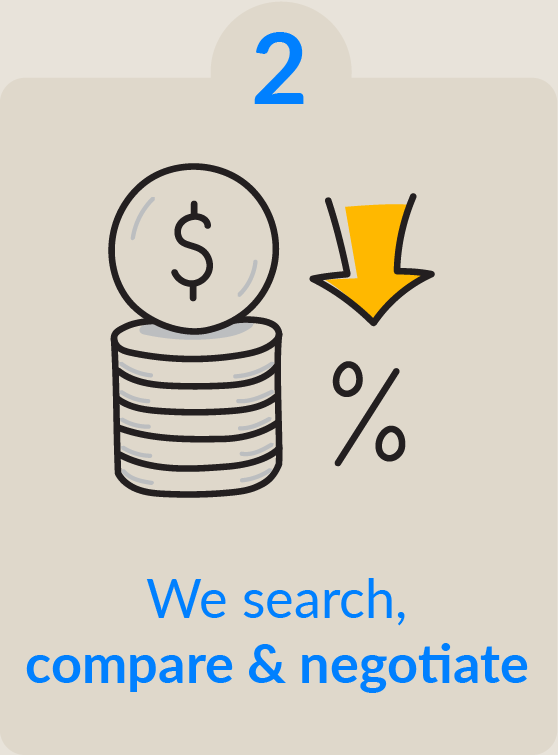 Stack of coins with a dollar sign coin on top, downward yellow arrow, and percentage symbol, with text 'We search, compare & negotiate'.