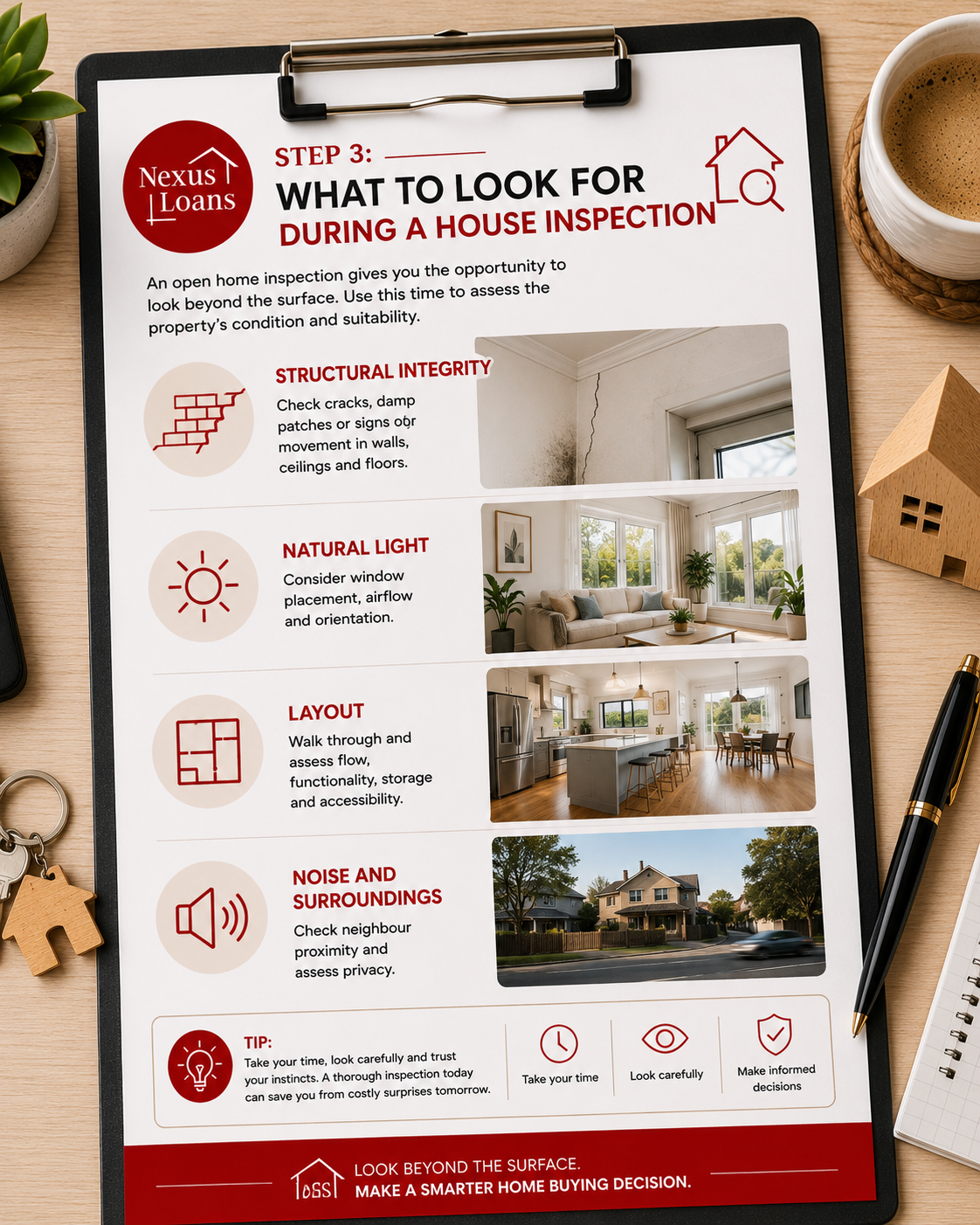 Guide on what to look for during a house inspection, including structural integrity, natural light, layout, and noise and surroundings, with example photos of a cracked wall, a bright living room, a kitchen, and neighborhood street.