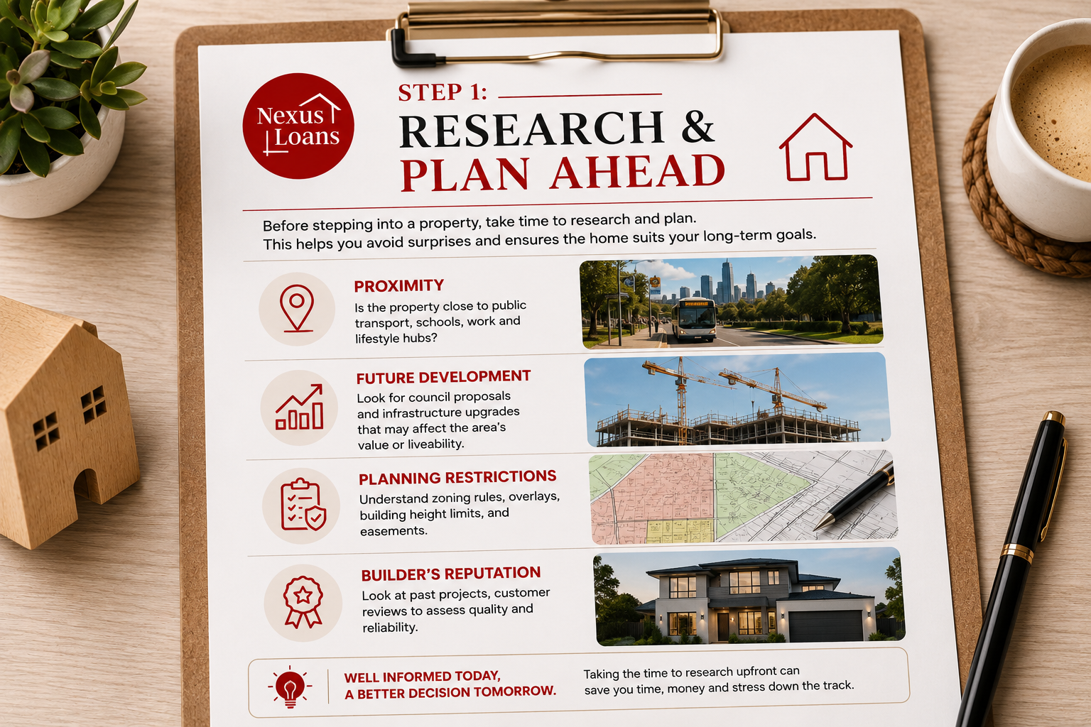 A research and planning sheet titled 'Step 1: Research & Plan Ahead' from Nexus Loans, includes sections on proximity, future development, planning restrictions, builder's reputation, and well-informed decision-making. The sheet features icons, images of a city bus, construction site, property survey, and a house, and is surrounded by a small potted plant, a miniature house model, a cup of coffee, and a pen on a light wooden surface.
