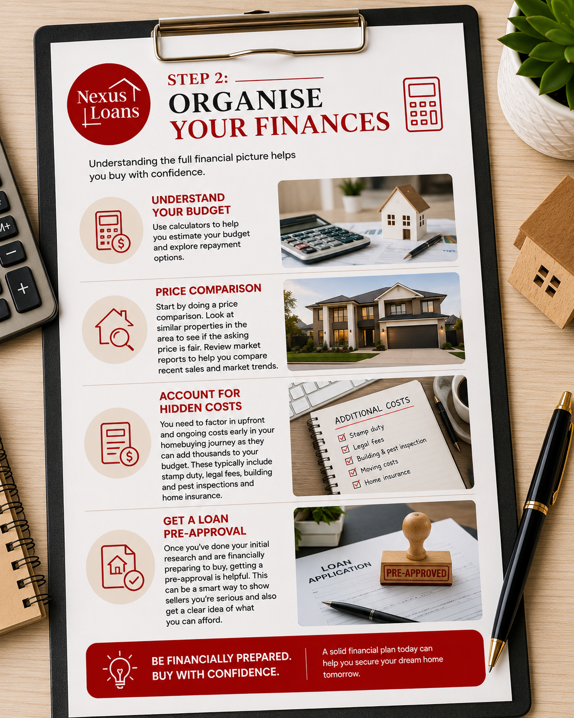 A flyer titled 'STEP 2: ORGANISE YOUR FINANCES' with tips for managing finances, including understanding your budget, price comparison, accounting for hidden costs, and pre-approving a loan, featuring images of a house, calculator, notebook with additional costs, and a loan application stamp.