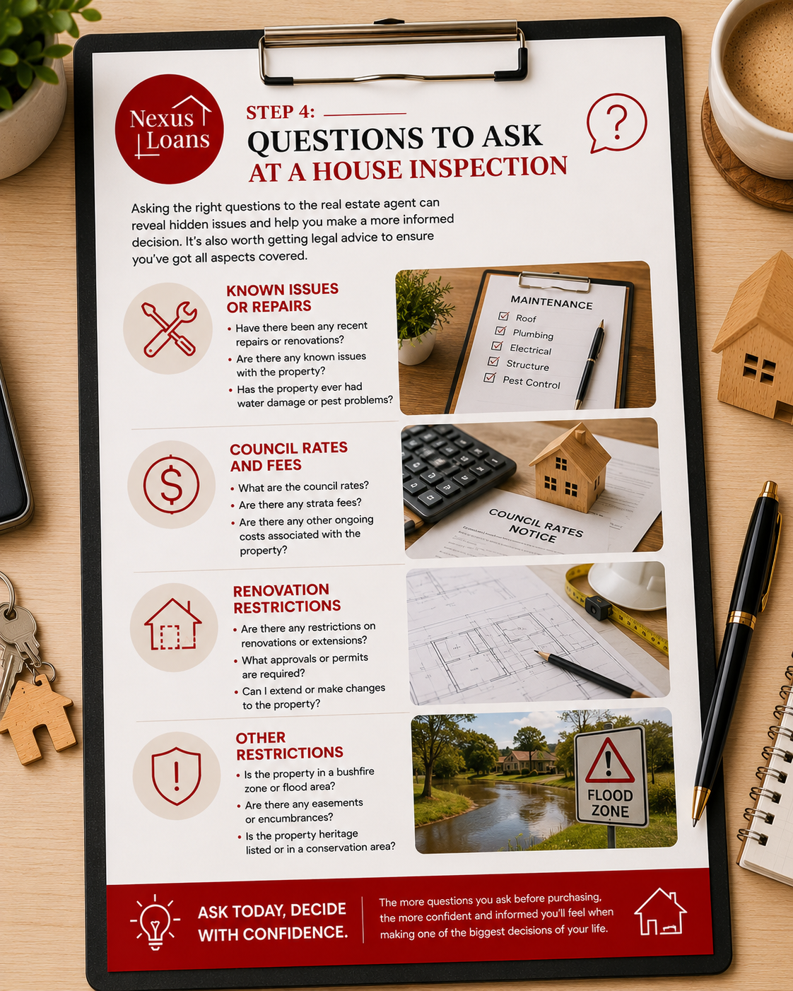 A house inspection guide on a clipboard with tips on questions to ask, including known issues, council rates, renovation restrictions, and other restrictions, surrounded by house keys, a pen, a calculator, and a miniature house model.