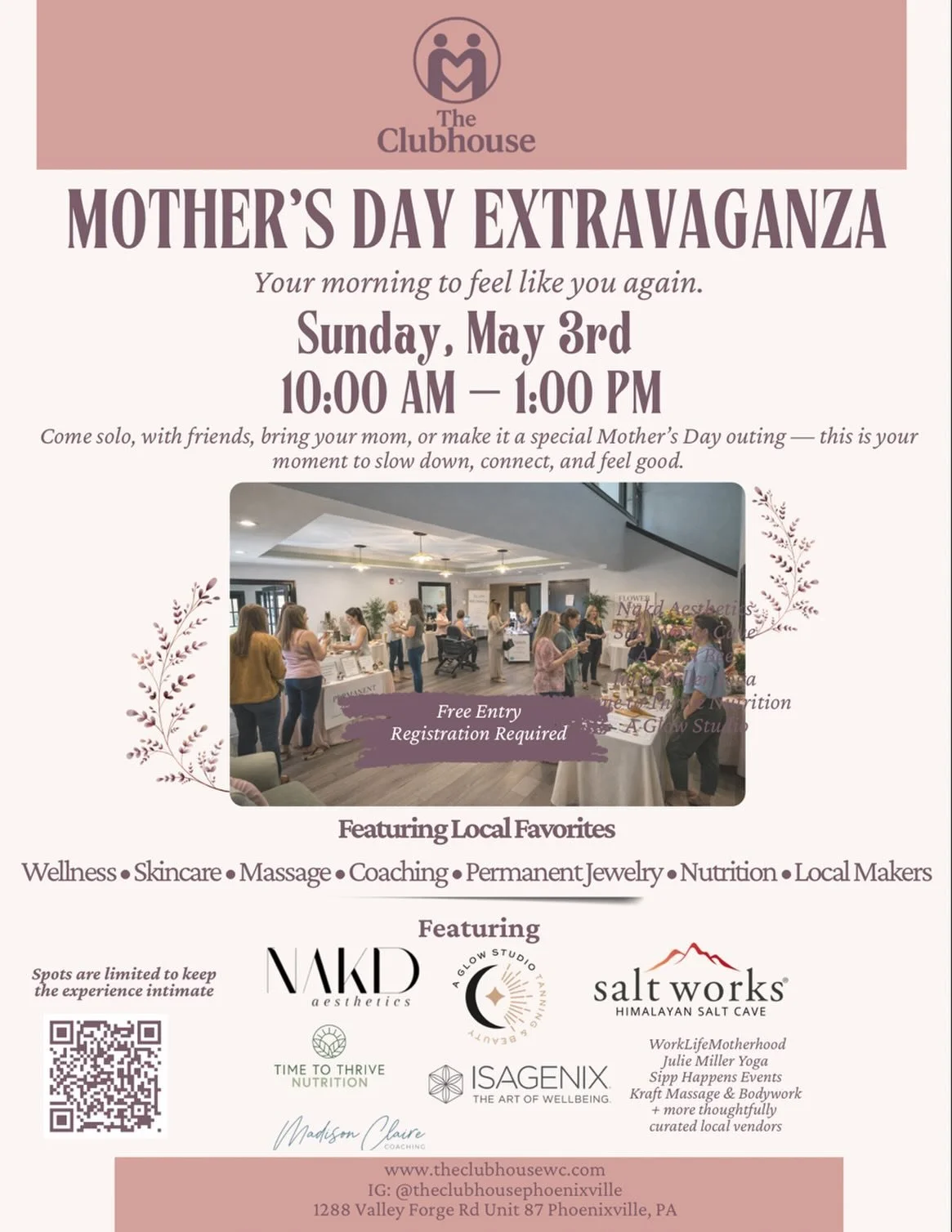 Your morning to feel like you again. 🌸

We are officially announcing the Mother&rsquo;s Day Extravaganza at The Clubhouse Phoenixville &mdash; and we have been so excited to share this with you.

Sunday, May 3rd | 10AM&ndash;1PM

A curated morning m