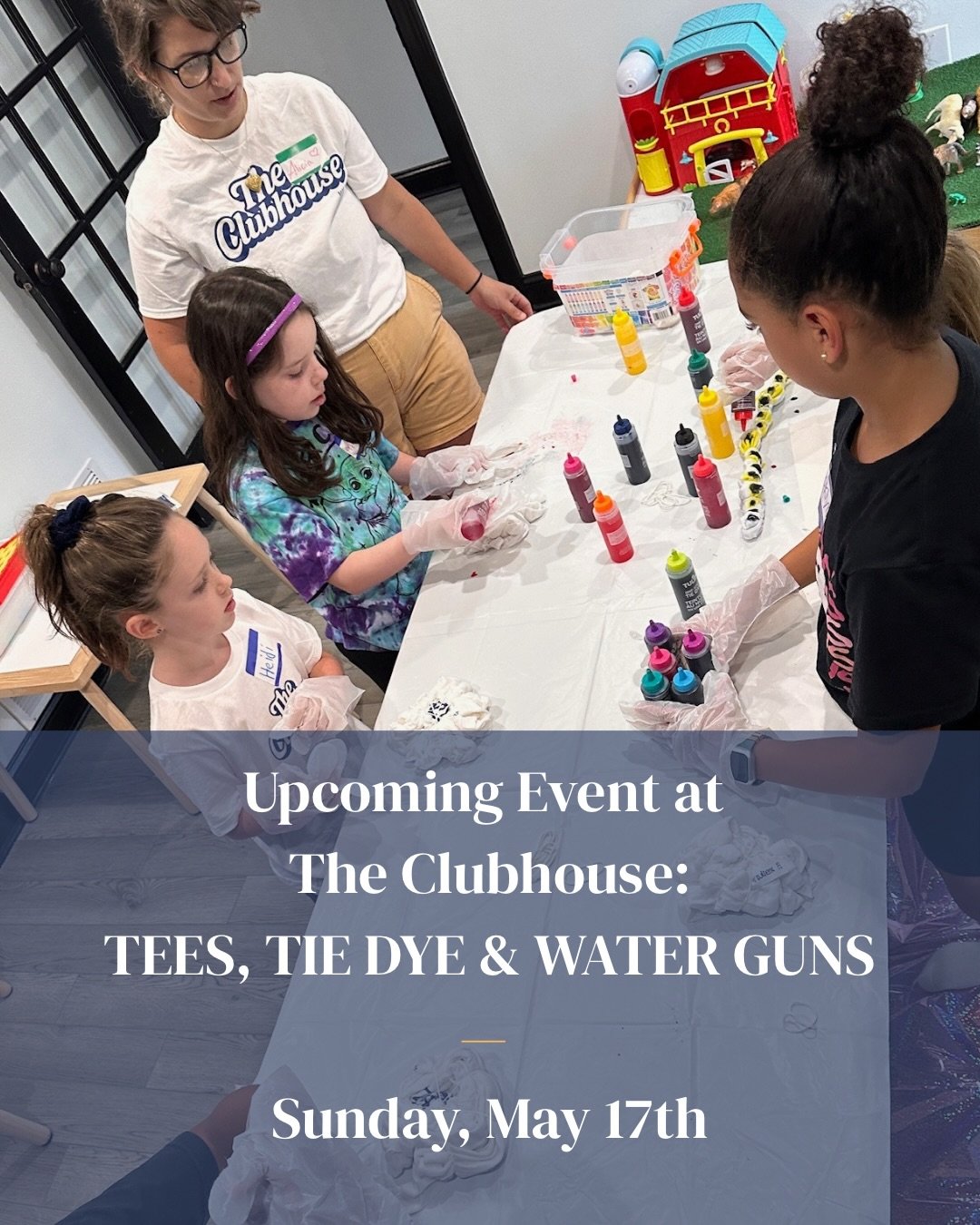 👕🌈💦 TEES, TIE DYE &amp; WATER GUNS &mdash; Sunday, May 17th at The Clubhouse! 

To them, it&rsquo;s: rainbow hands, soggy sneakers, water guns, a tee they made themselves, barefoot chaos with new friends.

To us, it&rsquo;s: creative risk-taking, 